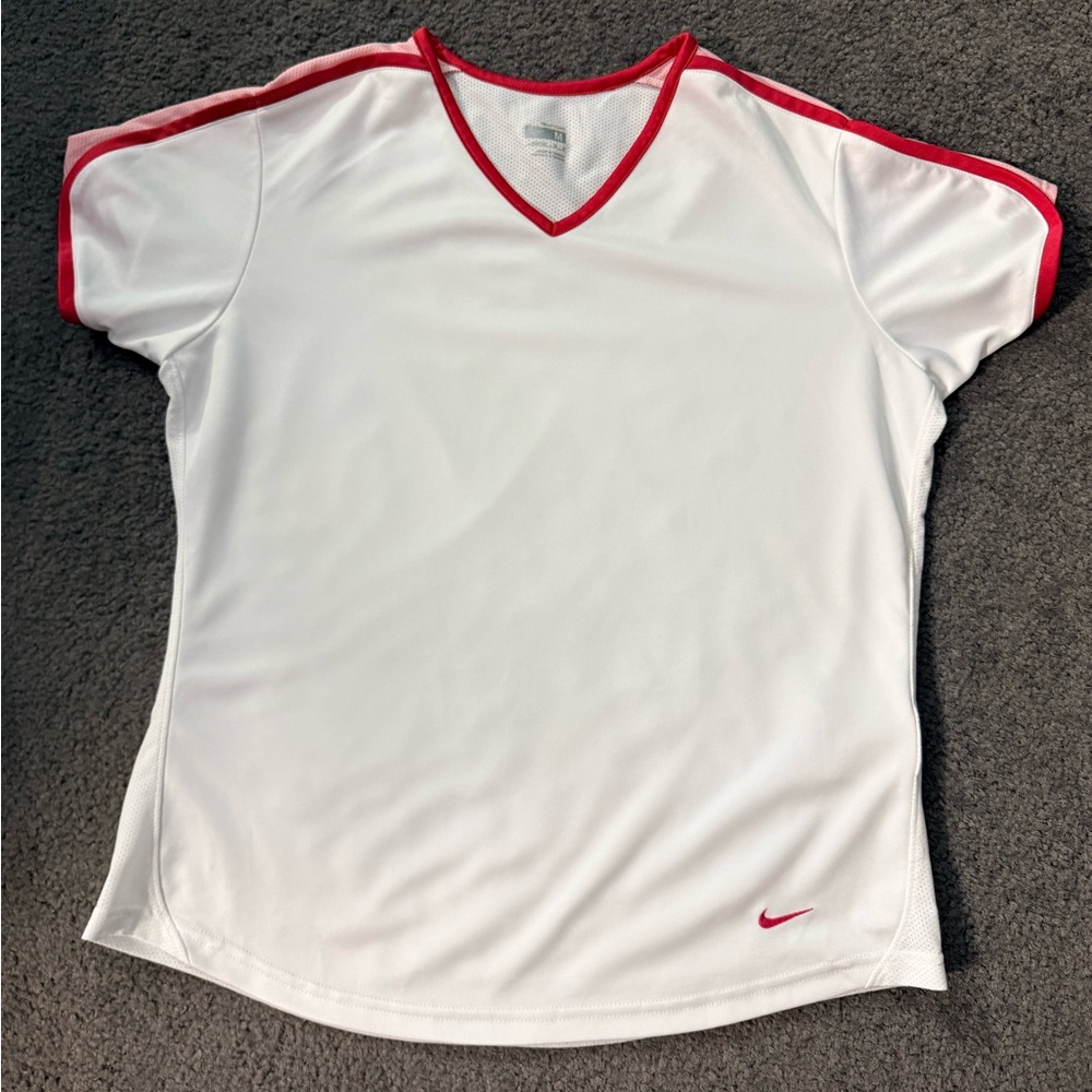 Nike White Athletic V-Neck Tee with Red and Pink Trim